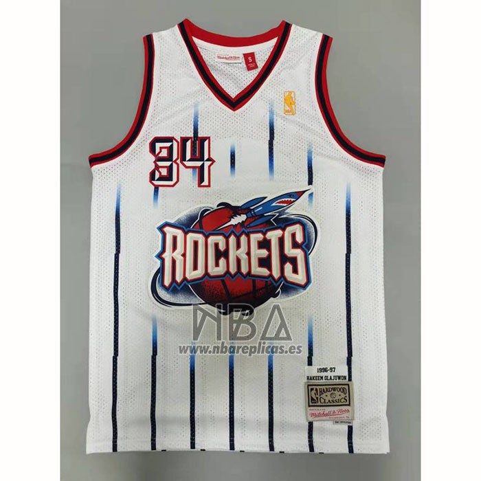 Camiseta Houston Rockets Hakeem Olajuwon NO 34 Mitchell & Ness 1996-97 Blanco